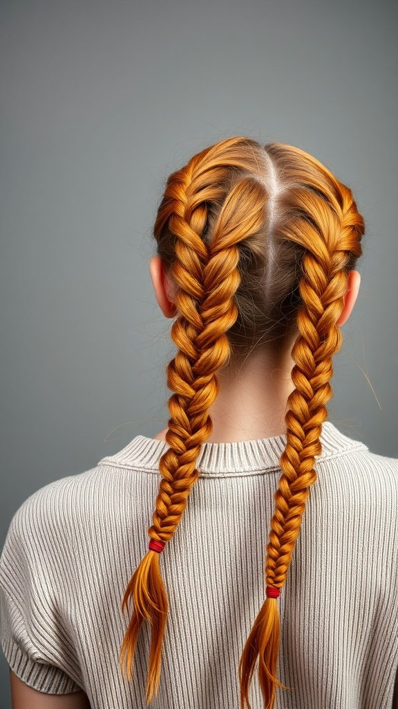 A back view of a person with two ginger knotless braids styled neatly.