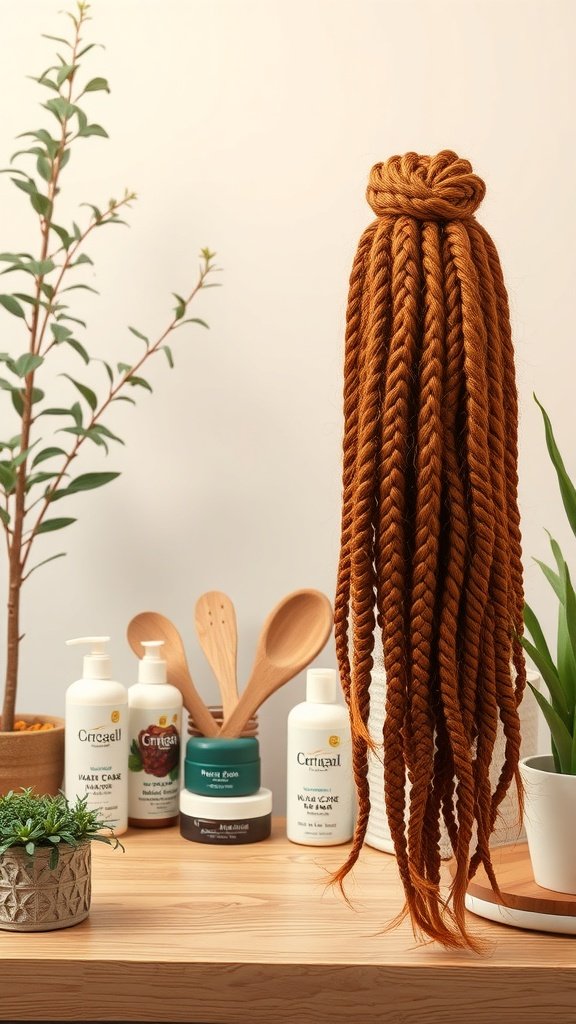A display of ginger knotless braids with hair care products in a natural setting.