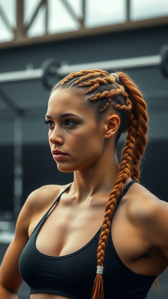 Athlete with ginger knotless braids in a gym setting