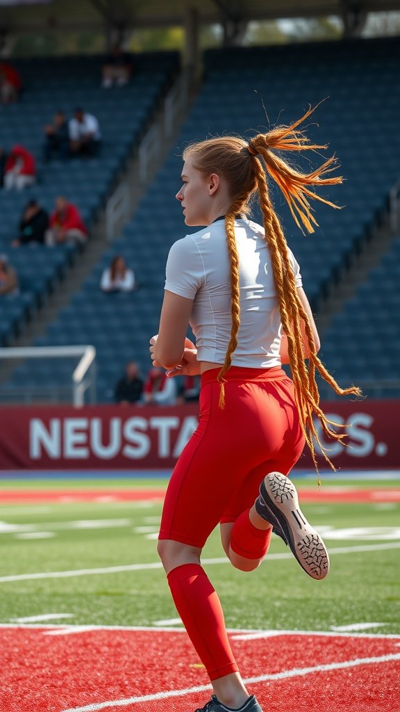 Athlete running with ginger knotless braids on a football field