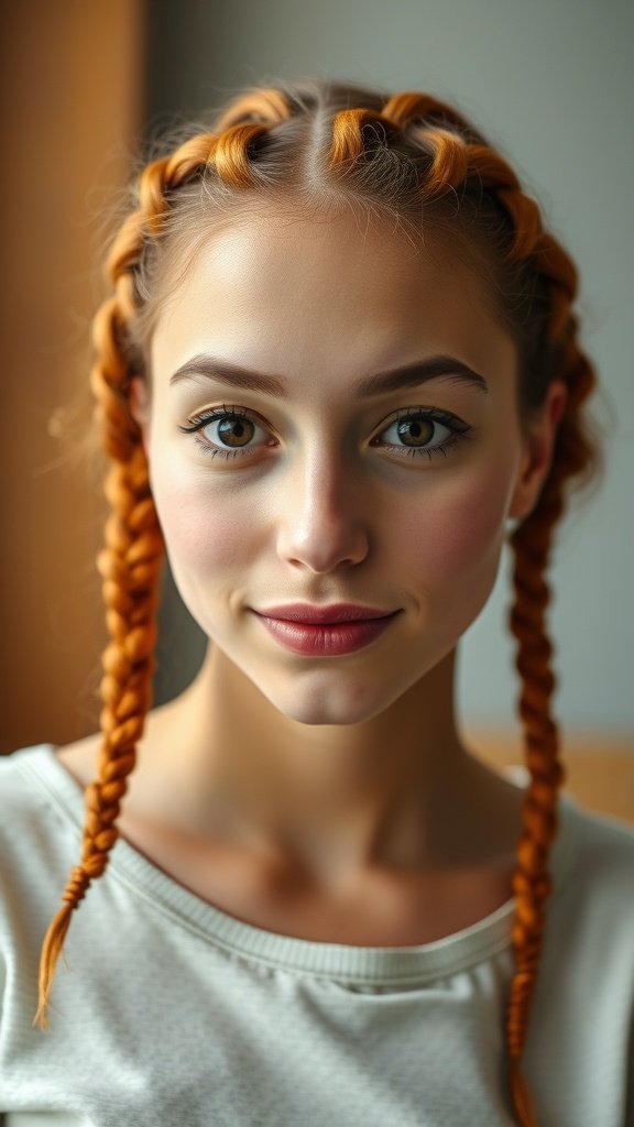 A woman with ginger knotless braids styled in a casual outfit.