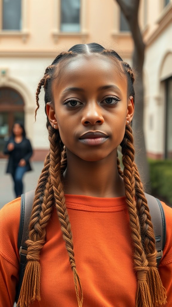 A young person with ginger knotless braids, wearing an orange top, standing outdoors.