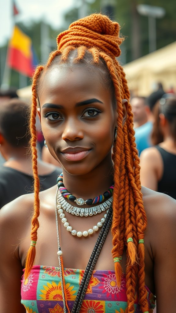 A person with ginger knotless braids styled in a top knot, wearing colorful accessories at a festival.
