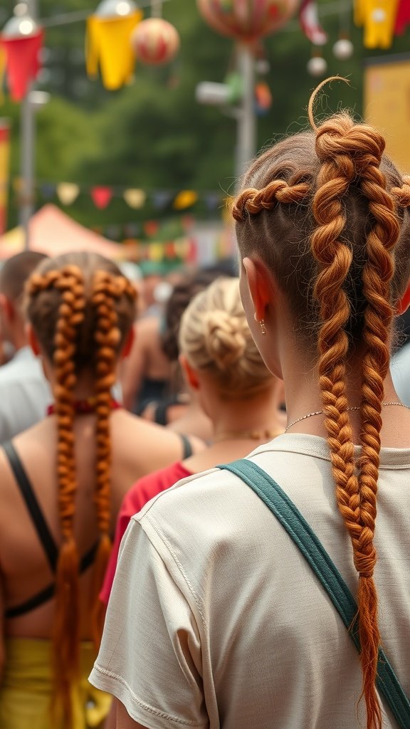 A group of people at a festival, showcasing various ginger knotless braid styles.