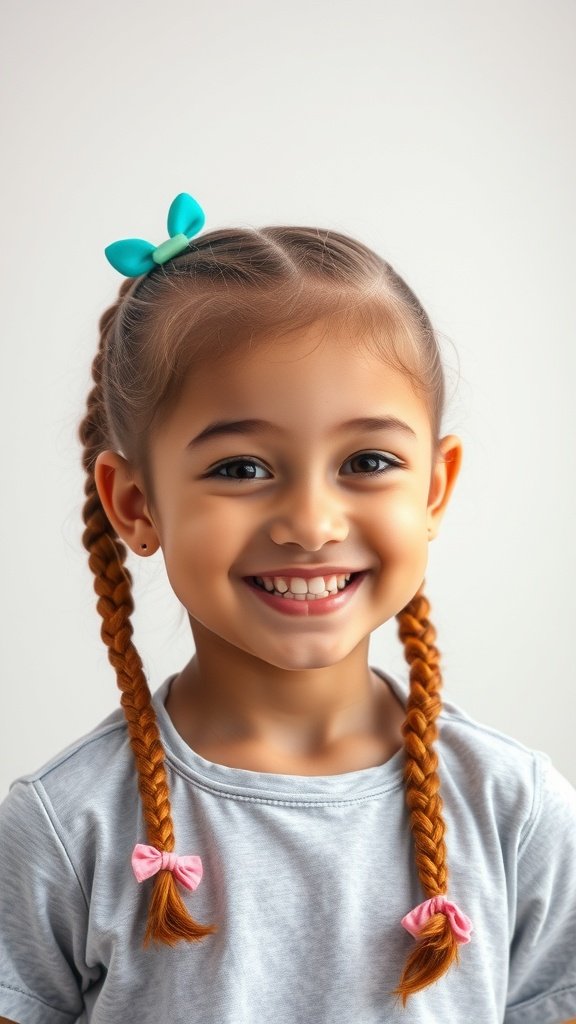 A young girl with ginger knotless braids and pink bows, smiling at the camera.