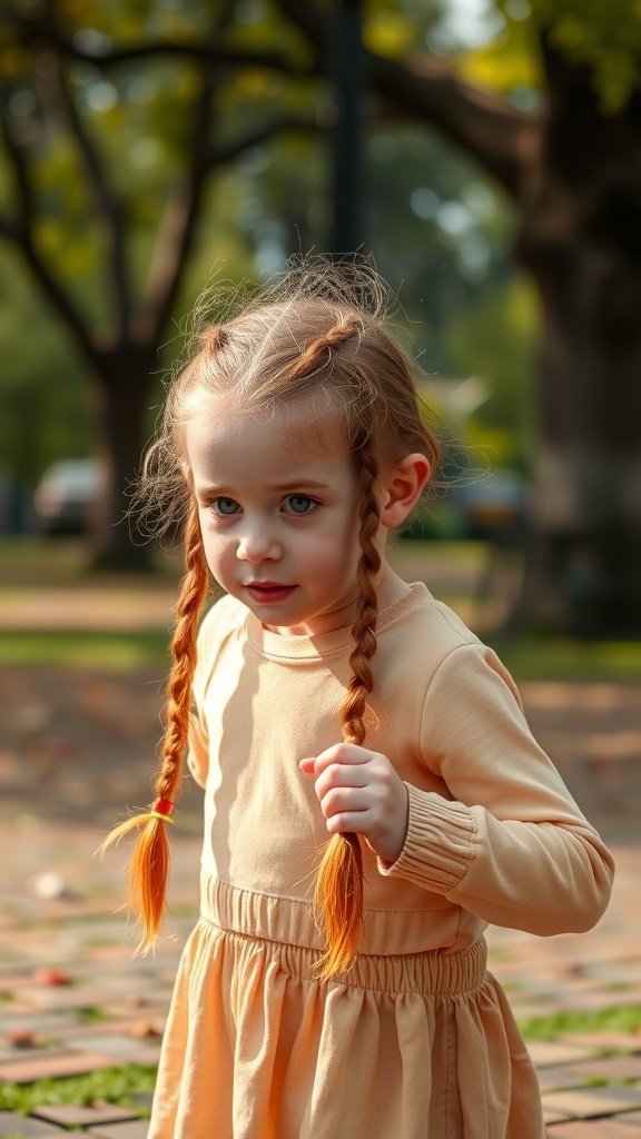 A young girl with ginger knotless braids playing outdoors.