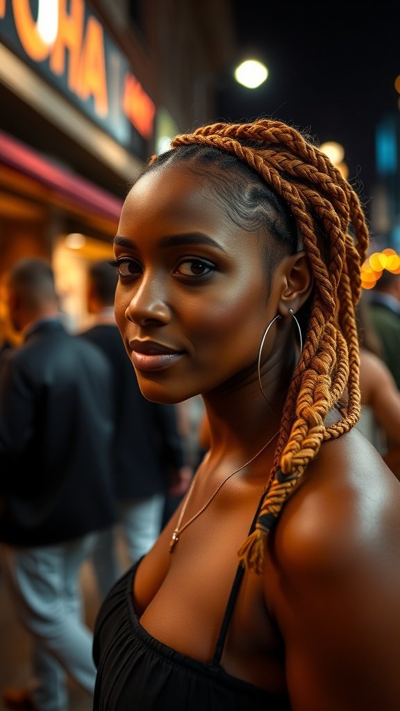 A woman with ginger knotless braids, showcasing a stylish look for a night out.