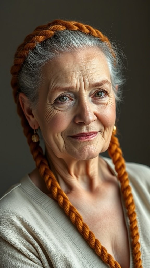 An older woman with ginger knotless braids, showcasing a stylish and vibrant hairstyle.