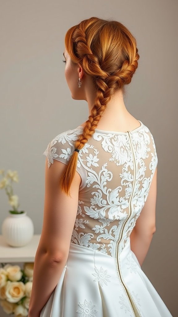 A woman with ginger knotless braids styled elegantly for a special occasion.