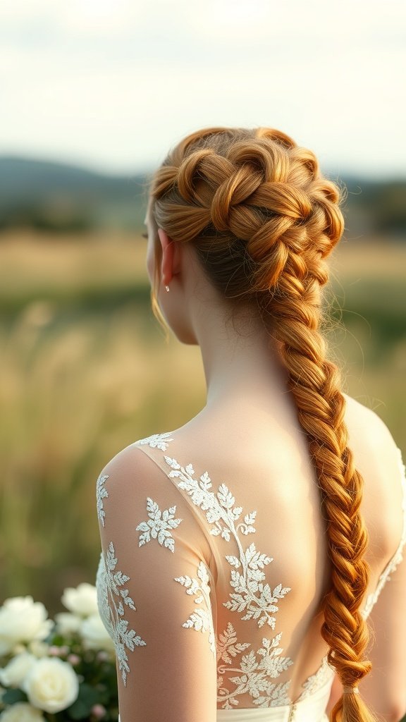 A woman with ginger knotless braids styled elegantly, showcasing intricate weaving and a romantic vibe.