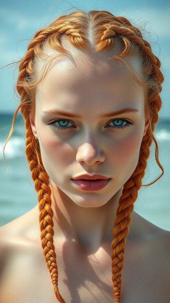 A close-up of a model with ginger knotless braids, showcasing a vibrant hairstyle against a beach background.