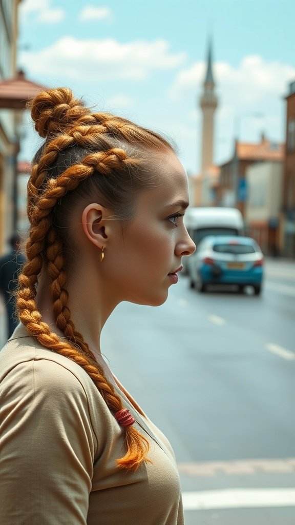 A woman with ginger knotless braids styled in a bun and a braid, standing on a city street.