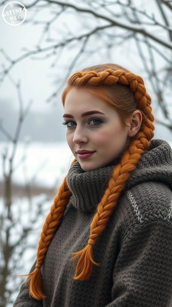 A woman with ginger knotless braids wearing a cozy sweater in a winter setting.