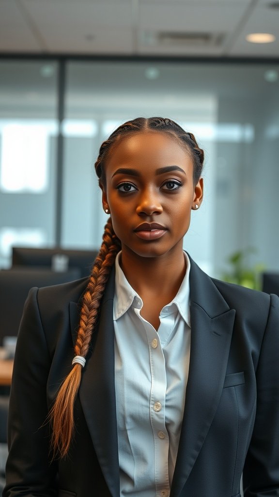 A professional woman with ginger knotless braids in an office setting