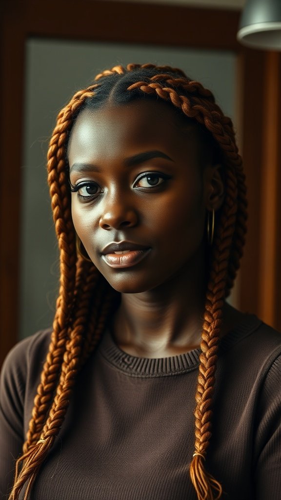 A woman with ginger knotless braids, showcasing a professional look.