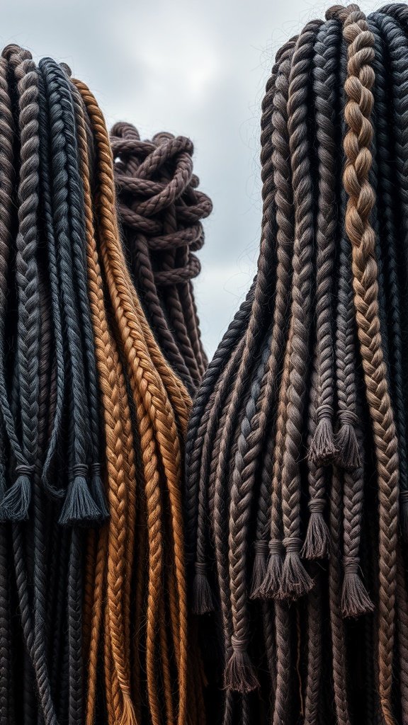 An array of braided hair in various shades, including ginger and dark tones, showcasing different styles of knotless braids.