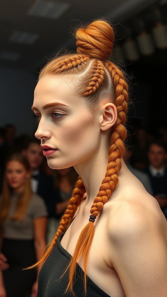 Model showcasing ginger knotless braids at a fashion show