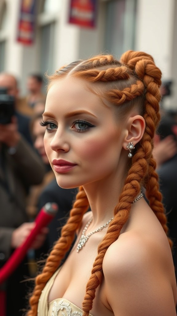 A woman with ginger knotless braids styled elegantly at a red carpet event.