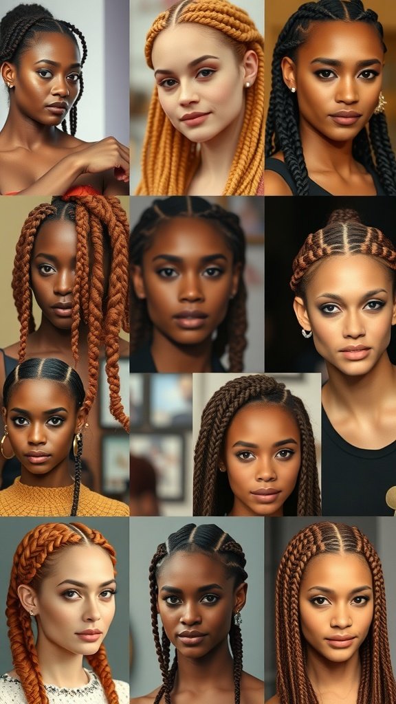 A collage of various styles of ginger knotless braids on different individuals, showcasing the versatility and beauty of this hairstyle.