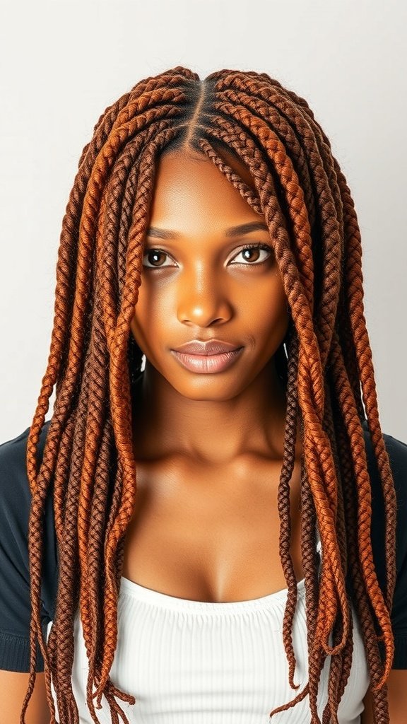 A woman with ginger knotless braids, showcasing a vibrant hairstyle.