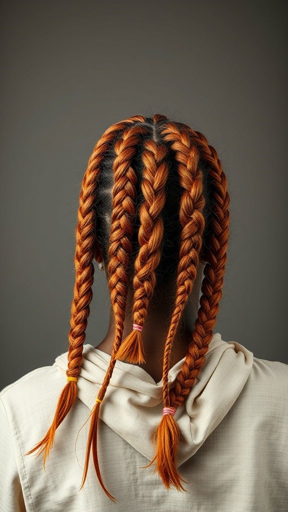 A close-up view of ginger knotless braids styled in a neat and vibrant manner.
