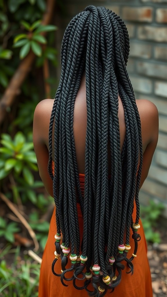 A woman with long goddess knotless braids adorned with colorful beads, showcasing a stylish protective hairstyle.