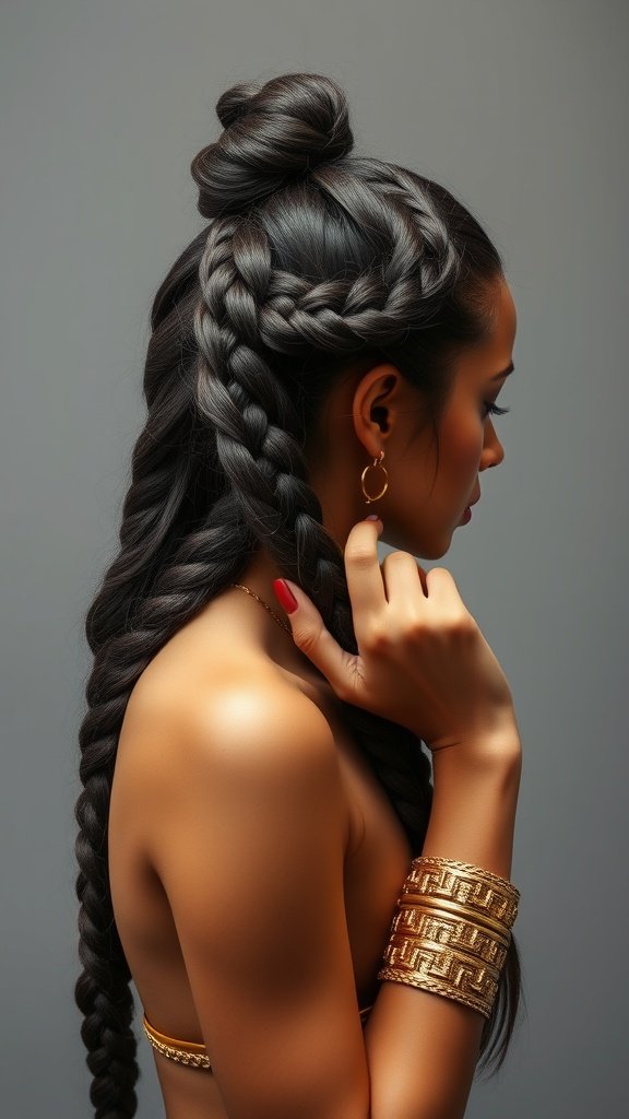 A woman showcasing goddess knotless braids styled elegantly with a bun and intricate braids.
