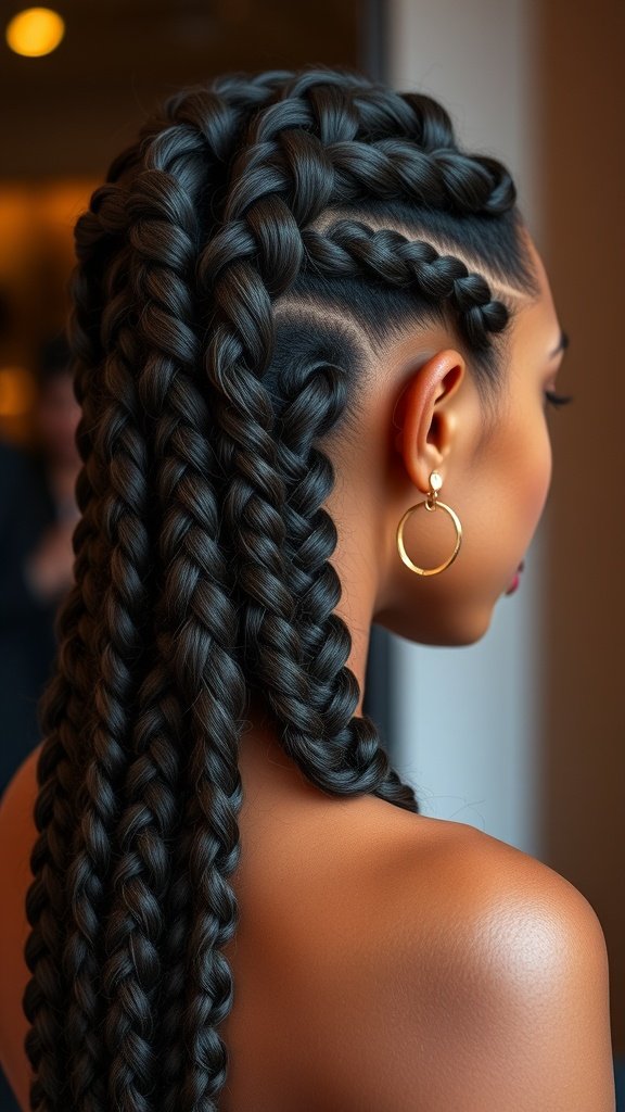 A close-up of a woman's back showcasing intricate goddess knotless braids, highlighting the smooth texture and stylish design.