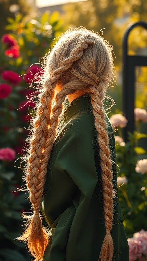 A person with golden blonde knotless braids standing in a garden filled with flowers.