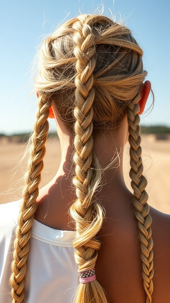 A close-up view of a person with golden blonde knotless braids styled in a casual manner.