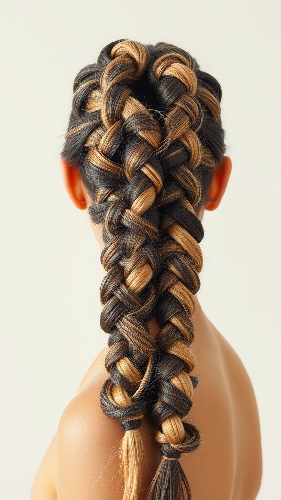 A close-up of a woman's back showing beautiful boho knotless braids with a gradient color effect, blending dark and honey blonde shades.