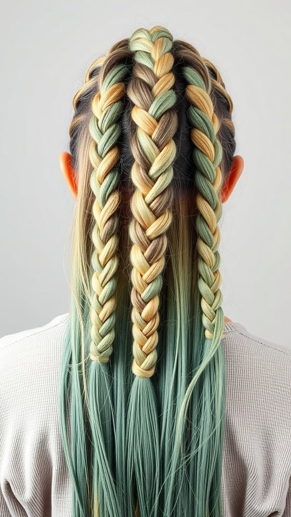 A back view of a person with beautifully styled knotless braids in gradient ombre colors, featuring light green and blonde hues.