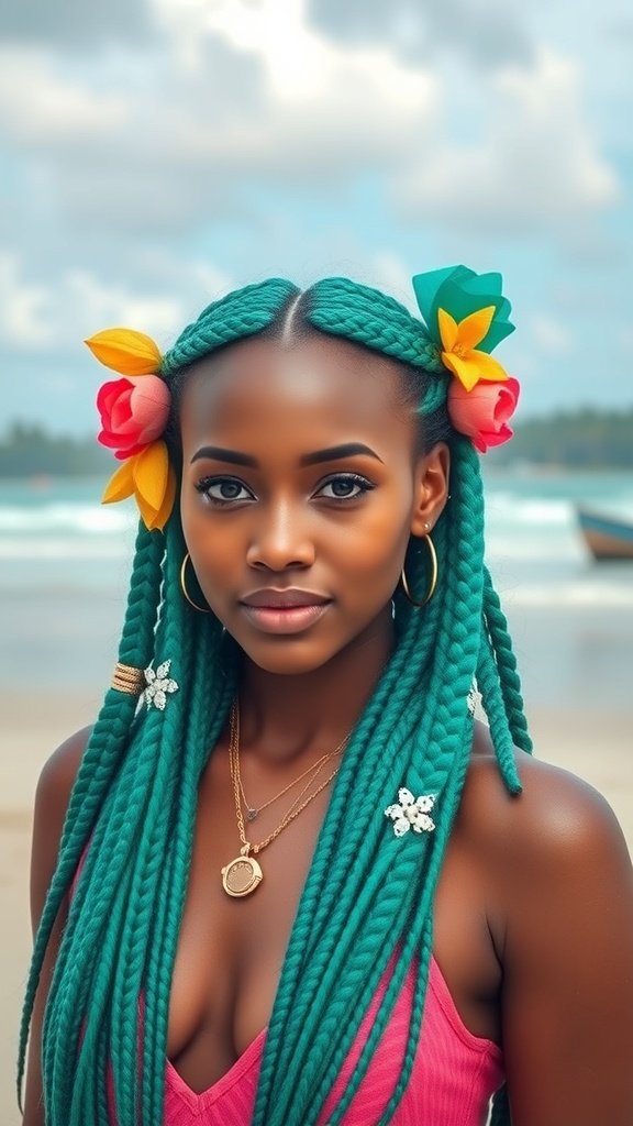 A woman with green teal knotless braids adorned with colorful flowers, standing on a beach.