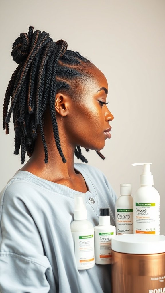 A model with short knotless box braids, showcasing various hair care products.