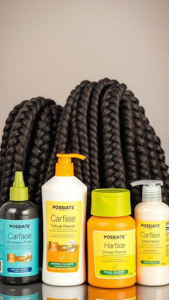 A collection of hair care products for maintaining jumbo knotless box braids.