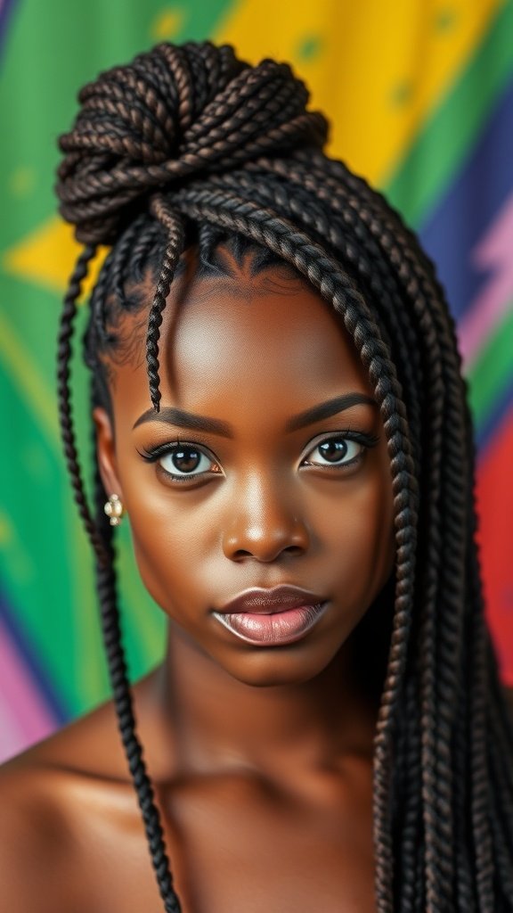 A woman with half-up, half-down knotless box braids styled in a bun, showcasing a colorful background.