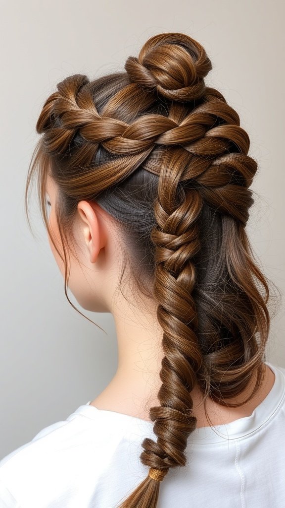 A woman with half-up half-down knotless braids, featuring a bun on top and a long braid cascading down.
