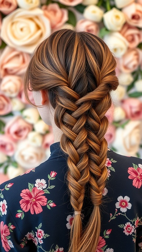 A woman with half-up half-down knotless braids, showcasing a stylish and elegant hairstyle against a floral background.