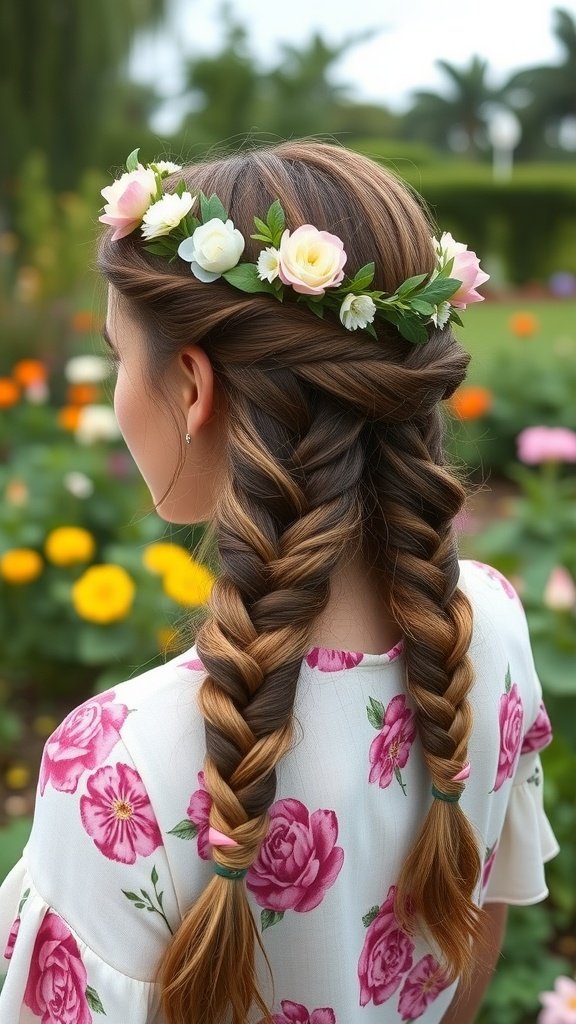 A young woman with half-up half-down knotless braids, adorned with flowers, standing in a garden.