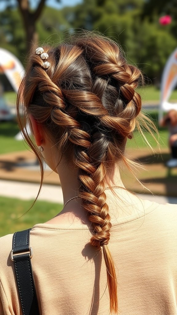 Half-up half-down knotless braids hairstyle with decorative clips