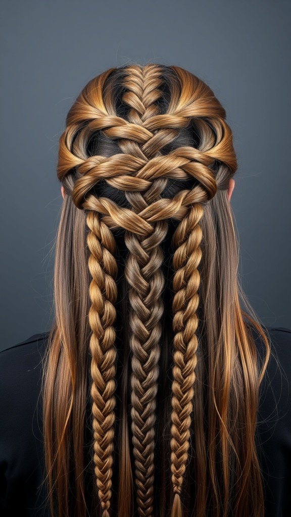 A stylish half-up half-down knotless braid hairstyle with intricate patterns at the top and flowing hair.