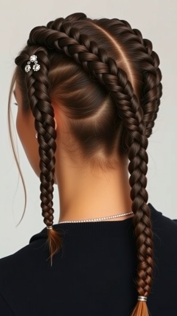 A woman with knotless box braids styled in a half-up, half-down look, featuring decorative clips.