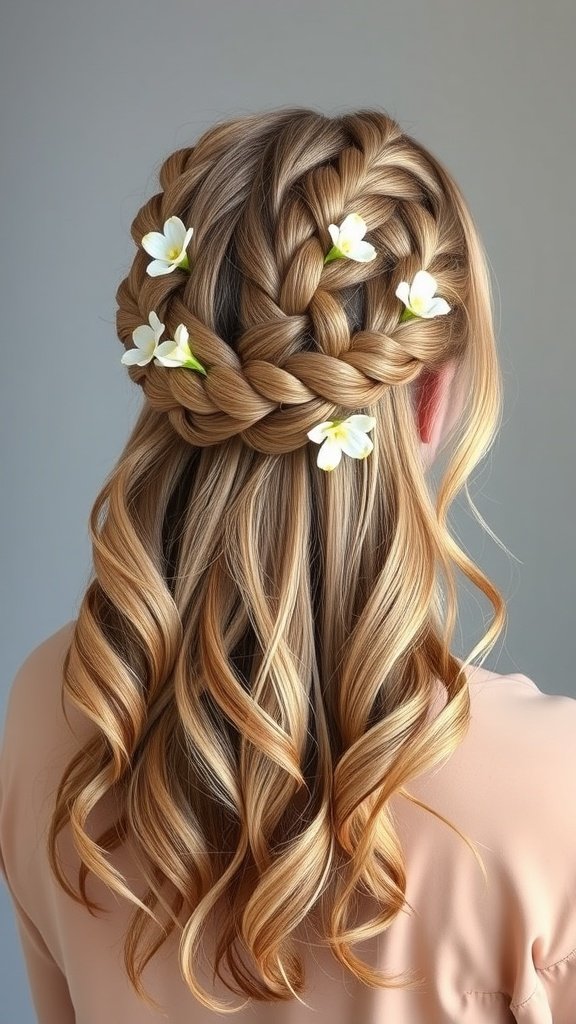 Half-up knotless braid style with flowers and loose waves