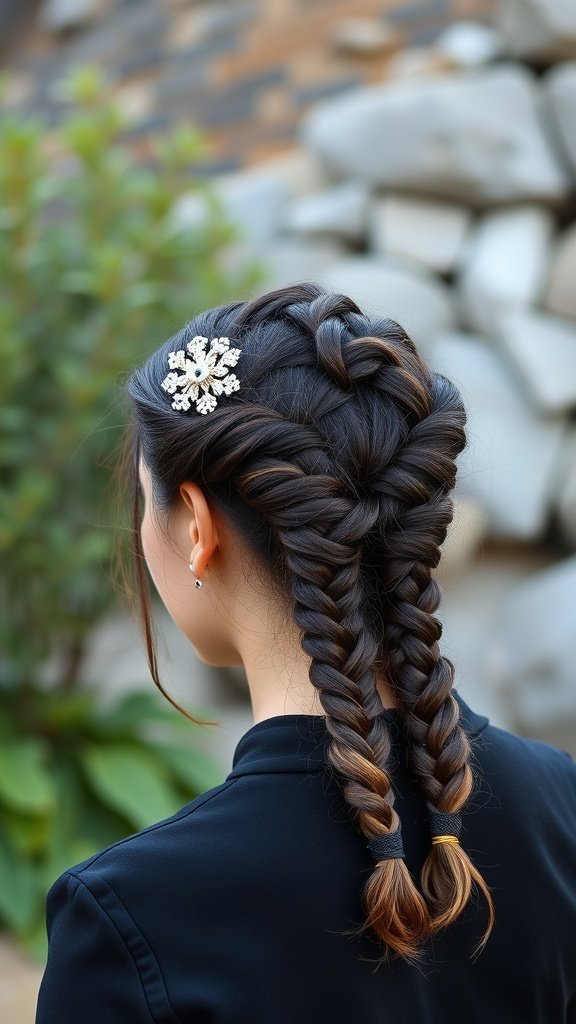 A woman with half-up knotless braids adorned with a decorative hairpiece, showcasing a stylish and casual boho look.