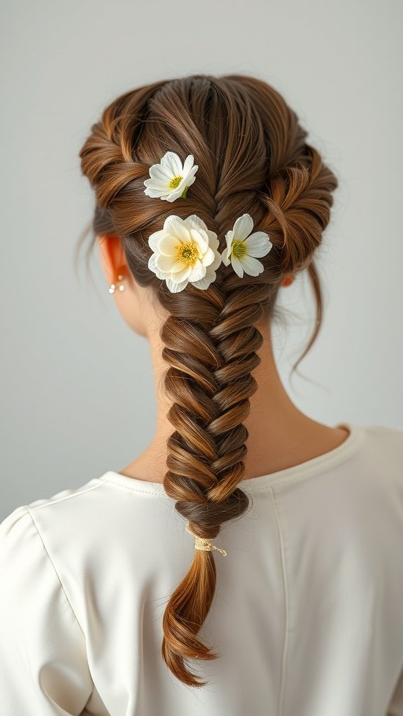 A woman with half-up knotless braids decorated with flowers.