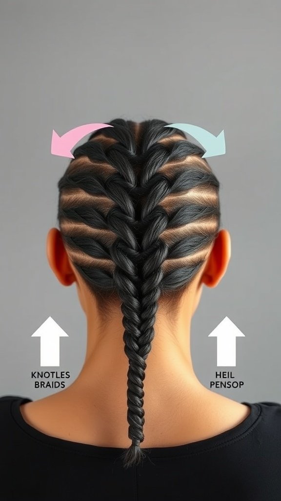 A close-up view of a person's back with medium knotless braids, showcasing a neat and stylish braid pattern.