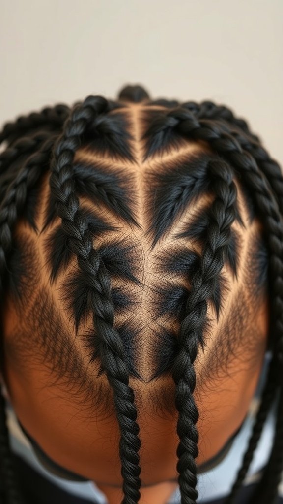 A close-up view of small knotless box braids styled in a unique pattern on a scalp.