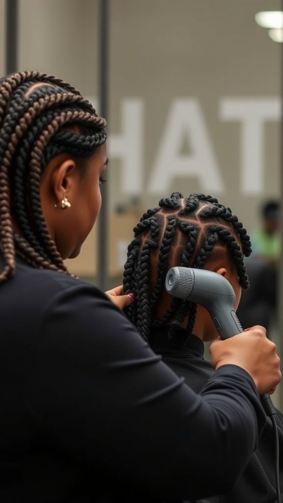 A stylist using a heat tool on short knotless box braids.