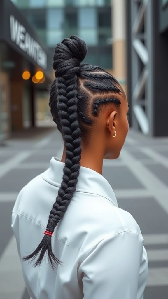 A woman with knotless box braids styled in a high ponytail, showcasing a sleek and polished look.