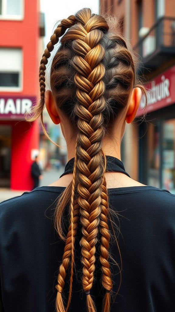 A high ponytail hairstyle featuring knotless braids, showcasing a stylish and practical look.